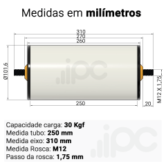 Rolete de PVC - Diâmetro 101,6 mm - Comprimento útil de 250 mm