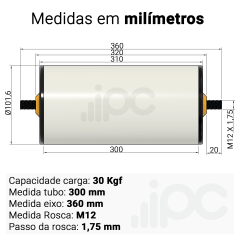 Rolete de PVC - Diâmetro 101,6 mm - Comprimento útil de 300 mm