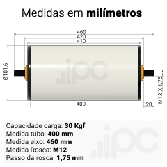 Rolete de PVC - Diâmetro 101,6 mm - Comprimento útil de 400 mm