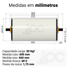 Rolete de PVC - Diâmetro 101,6 mm - Comprimento útil de 600 mm