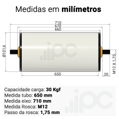 Rolete de PVC - Diâmetro 101,6 mm - Comprimento útil de 650 mm