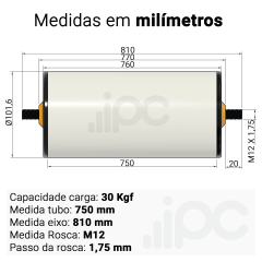 Rolete de PVC - Diâmetro 101,6 mm - Comprimento útil de 750 mm
