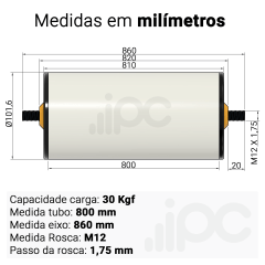 Rolete de PVC - Diâmetro 101,6 mm - Comprimento útil de 800 mm