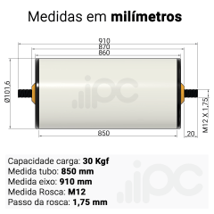 Rolete de PVC - Diâmetro 101,6 mm - Comprimento útil de 850 mm