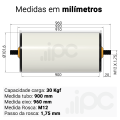 Rolete de PVC - Diâmetro 101,6 mm - Comprimento útil de 900 mm