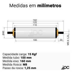 Rolete de PVC - Diâmetro 40 mm - Comprimento útil  de 100 mm