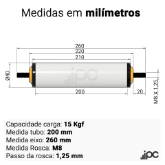 Rolete de PVC - Diâmetro 40 mm - Comprimento útil  de 200 mm
