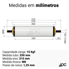 Rolete de PVC - Diâmetro 40 mm - Comprimento útil  de 250 mm