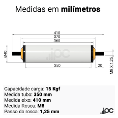 Rolete de PVC - Diâmetro 40 mm - Comprimento útil  de 350 mm
