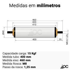 Rolete de PVC - Diâmetro 40 mm - Comprimento útil  de 400 mm