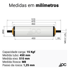 Rolete de PVC - Diâmetro 40 mm - Comprimento útil  de 450 mm