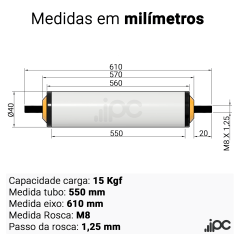 Rolete de PVC - Diâmetro 40 mm - Comprimento útil  de 550 mm
