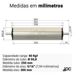 Rolete de Aço Inox com Bucha Seca - Diâmetro 50,8 mm - Comprimento Útil 250 mm