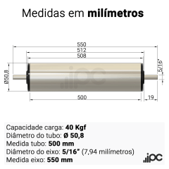 Rolete de Aço Inox com Bucha Seca - Diâmetro 50,8 mm - Comprimento Útil 500 mm