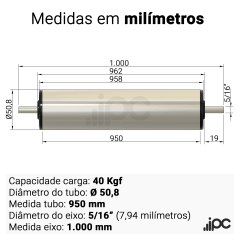 Rolete de Aço Inox com Bucha Seca - Diâmetro 50,8 mm - Comprimento Útil 950 mm