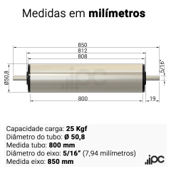 Rolete de Alumínio com Bucha Seca - Diâmetro 50,8 mm - Comprimento Útil 800 mm