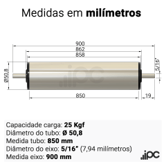 Rolete de Alumínio com Bucha Seca - Diâmetro 50,8 mm - Comprimento Útil 850 mm