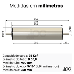 Rolete de Alumínio com Bucha Seca - Diâmetro 50,8 mm - Comprimento Útil 900 mm