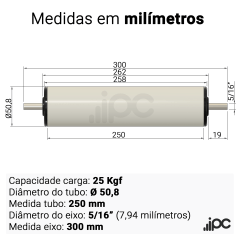 Rolete de PVC com Bucha Seca - Diâmetro 50,8 mm - Comprimento Útil 250 mm