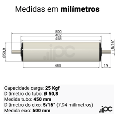 Rolete de PVC com Bucha Seca - Diâmetro 50,8 mm - Comprimento Útil 450 mm
