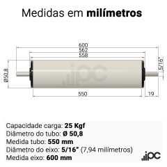 Rolete de PVC com Bucha Seca - Diâmetro 50,8 mm - Comprimento Útil 550 mm