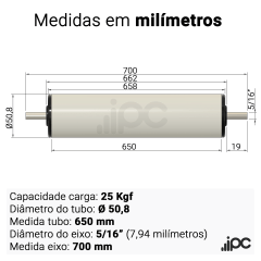 Rolete de PVC com Bucha Seca - Diâmetro 50,8 mm - Comprimento Útil 650 mm