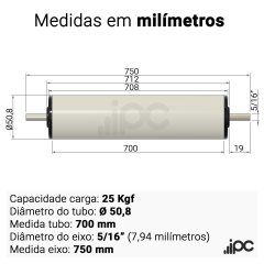 Rolete de PVC com Bucha Seca - Diâmetro 50,8 mm - Comprimento Útil 700 mm