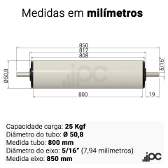 Rolete de PVC com Bucha Seca - Diâmetro 50,8 mm - Comprimento Útil 800 mm