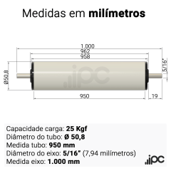 Rolete de PVC com Bucha Seca - Diâmetro 50,8 mm - Comprimento Útil 950 mm