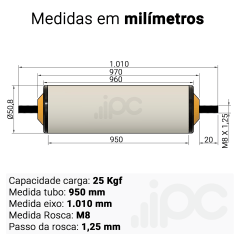 Rolete de PVC - Diâmetro 50,8 mm - Comprimento útil de 950 mm
