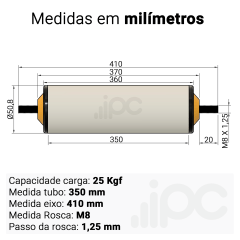 Rolete de PVC - Diâmetro 50,8 mm - Comprimento útil de 350 mm