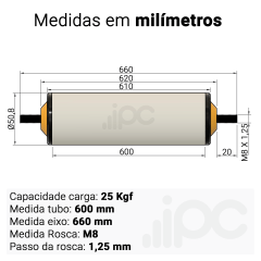 Rolete de PVC - Diâmetro 50,8 mm - Comprimento útil de 600 mm