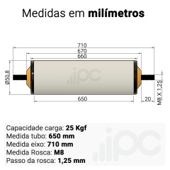 Rolete de PVC - Diâmetro 50,8 mm - Comprimento útil de 650 mm