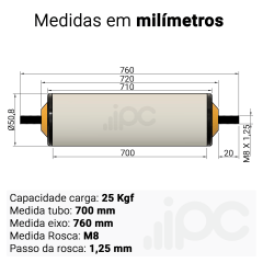 Rolete de PVC - Diâmetro 50,8 mm - Comprimento útil de 700 mm