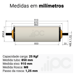 Rolete de PVC - Diâmetro 50,8 mm - Comprimento útil de 850 mm