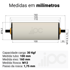 Rolete de PVC - Diâmetro 76,2 mm - Comprimento útil de 100 mm