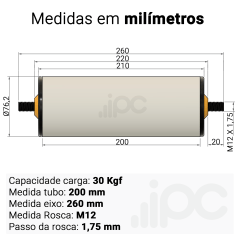 Rolete de PVC - Diâmetro 76,2 mm - Comprimento útil de 200 mm
