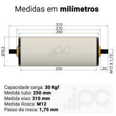 Rolete de PVC - Diâmetro 76,2 mm - Comprimento útil de 250 mm