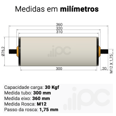 Rolete de PVC - Diâmetro 76,2 mm - Comprimento útil de 300 mm