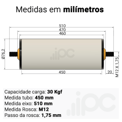 Rolete de PVC - Diâmetro 76,2 mm - Comprimento útil de 450 mm