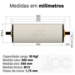 Rolete de PVC - Diâmetro 76,2 mm - Comprimento útil de 500 mm