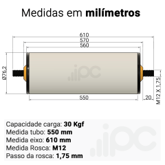 Rolete de PVC - Diâmetro 76,2 mm - Comprimento útil de 550 mm