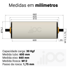 Rolete de PVC - Diâmetro 76,2 mm - Comprimento útil de 600 mm