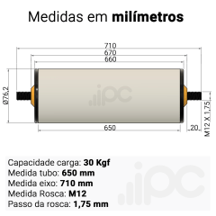 Rolete de PVC - Diâmetro 76,2 mm - Comprimento útil de 650 mm