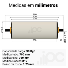 Rolete de PVC - Diâmetro 76,2 mm - Comprimento útil de 700 mm