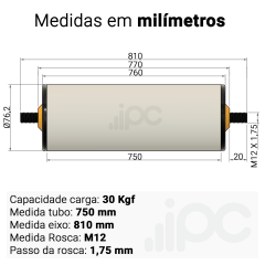 Rolete de PVC - Diâmetro 76,2 mm - Comprimento útil de 750 mm