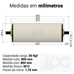 Rolete de PVC - Diâmetro 76,2 mm - Comprimento útil de 800 mm