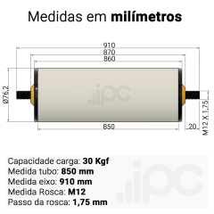 Rolete de PVC - Diâmetro 76,2 mm - Comprimento útil de 850 mm