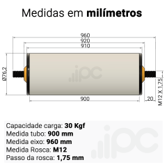Rolete de PVC - Diâmetro 76,2 mm - Comprimento útil de 900 mm
