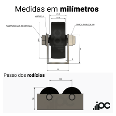 Trilho Roletado para 200 Kg - Rodizio de Nylon - 2,00 Metros